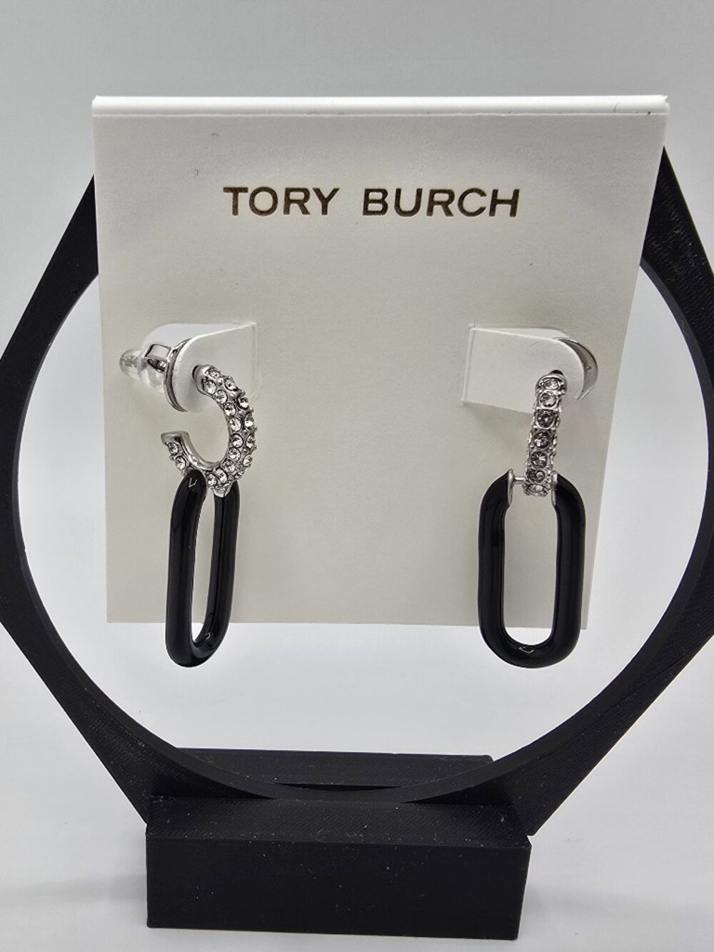 Tory Burch Roxanne Black Chain Shaped Link Stud Earrings w/Pave Crystal Hoops